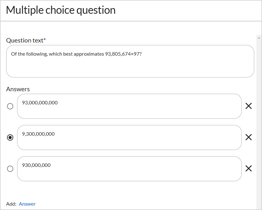 The multiple choice question popup is shown with the Question text filled in, 3 Answers filled in and the correct answer selected with the radio button on the left.